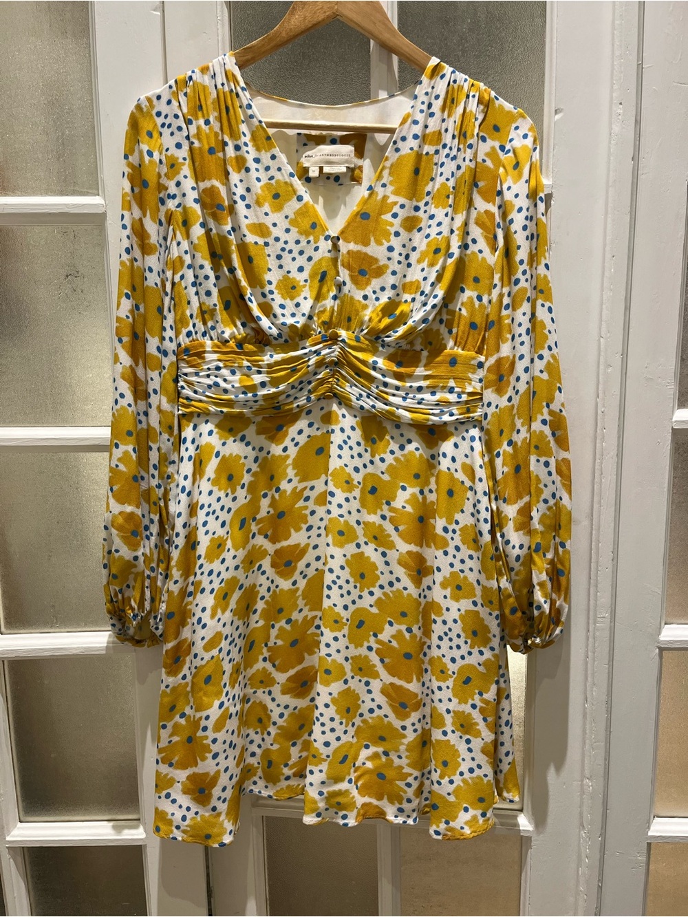 Anthropologie Women's Yellow Floral V-Neck Long Sleeve Dress